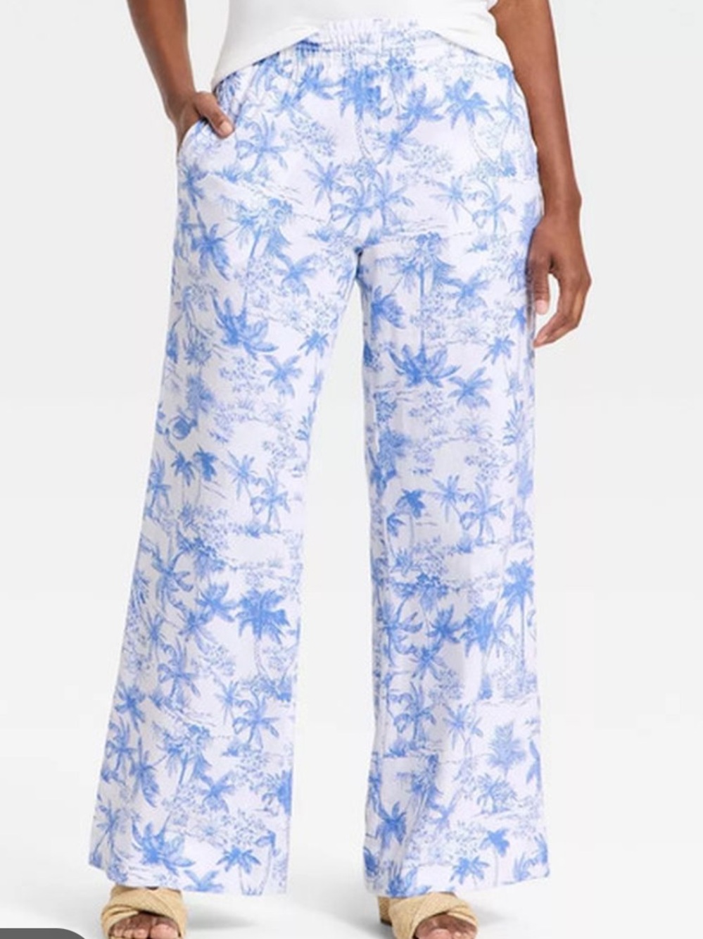 a new day White and Blue Palm-Print linen Wide Leg Pants small short NWT k